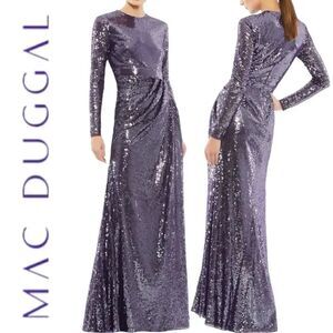 MAC DUGGAL Women’s Sequined High Neck Long Sleeves Draped Gown in the Size 10